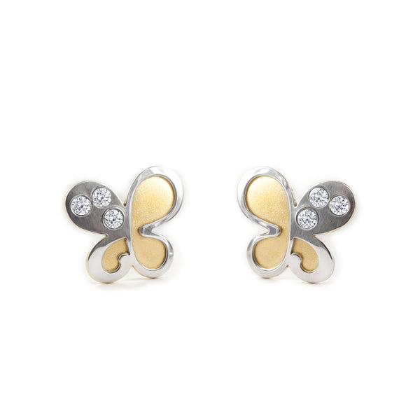 Pendientes Niña Oro Bicolor 18K Mariposa Circonita Mate y Brillo