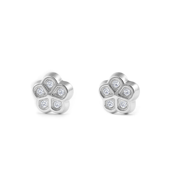 Pendientes Bebe-Niña Oro Blanco 9K Flor Margarita Circonitas Brillo