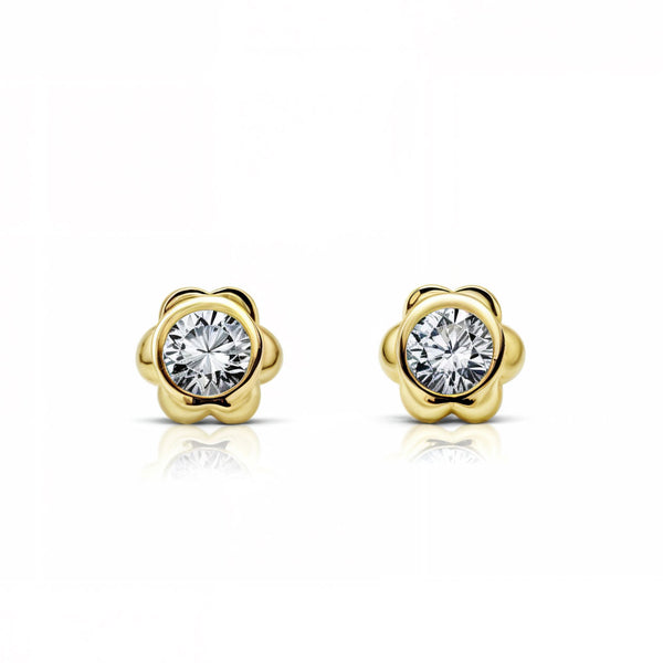 Pendientes Bebe-Niña Oro Amarillo 9K Chatón Flor Circonita Brillo