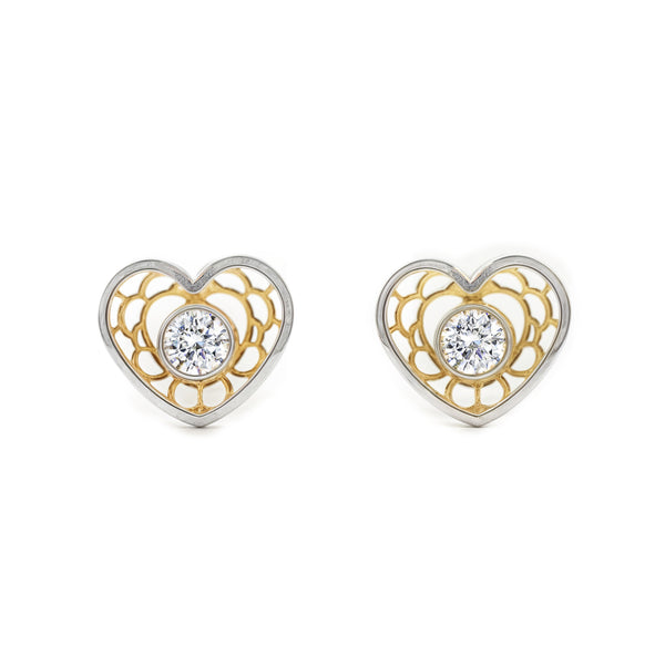 9ct two color gold Heart Cubic Zirconia Children's Girls Earrings shine