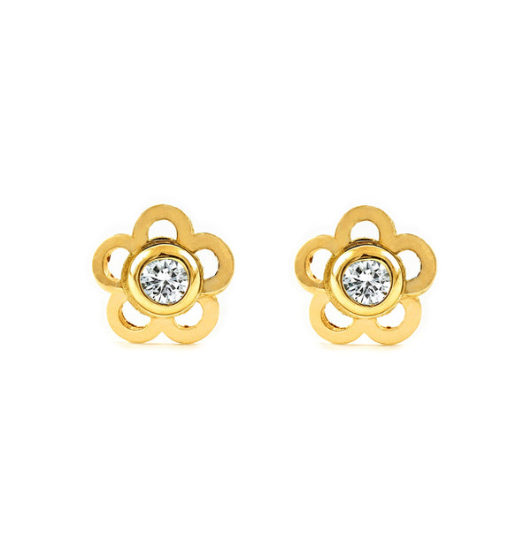 18ct Yellow Gold Flower Cubic Zirconia Children's Baby Earrings shine