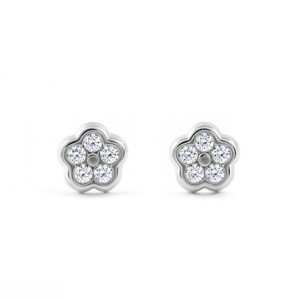 Pendientes Bebe-Niña Oro Blanco 9K Flor Margarita Circonitas Brillo