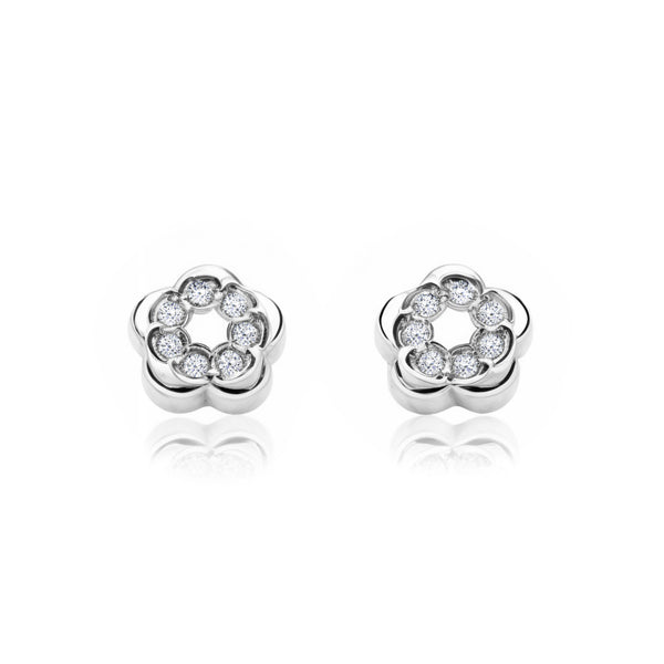 Pendientes Bebe-Niña Oro Blanco 9K Flor Circonitas Brillo