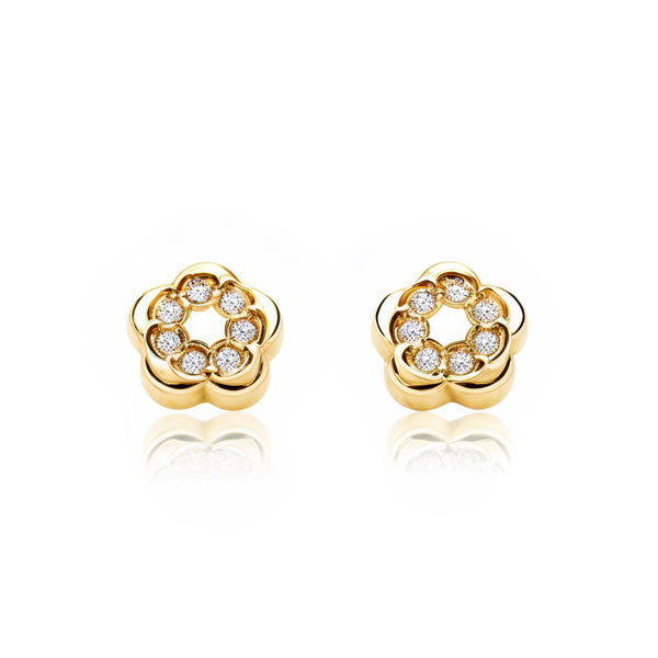 Pendientes Bebe-Niña Oro Amarillo 9K Flor Circonitas Brillo