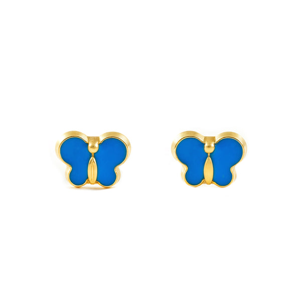 9ct Yellow Gold Blue Enamel Butterfly Children's Baby Girls Earrings shine