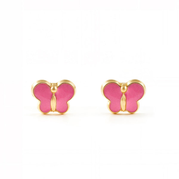 Pendientes Bebe-Niña Oro Amarillo 9K Mariposa Esmalte Rosa Brillo