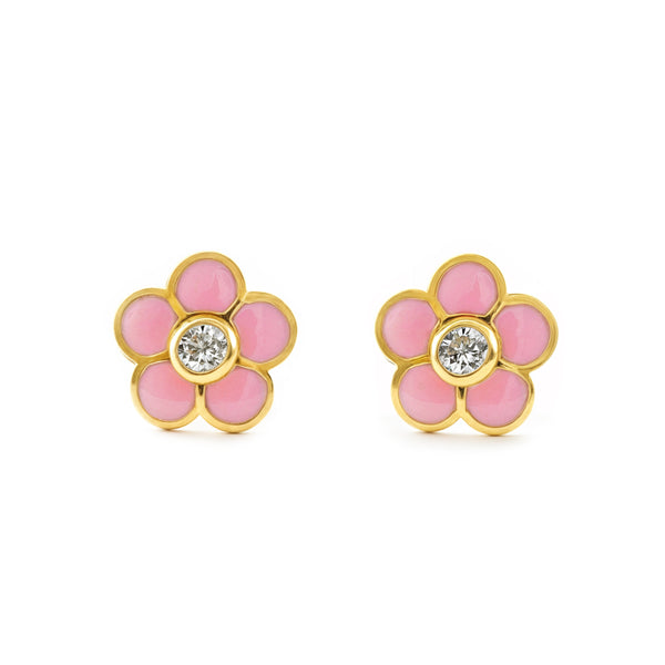 Pendientes Niña Oro Amarillo 9K Flor Esmalte Rosa Circonita Brillo