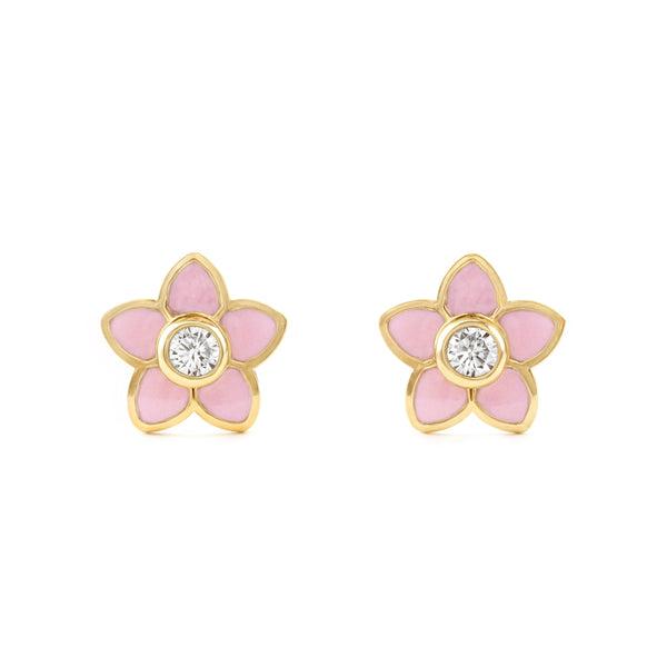 9ct Yellow Gold Pink Enamel Flower Cubic Zirconia Children's Girls Earrings shine