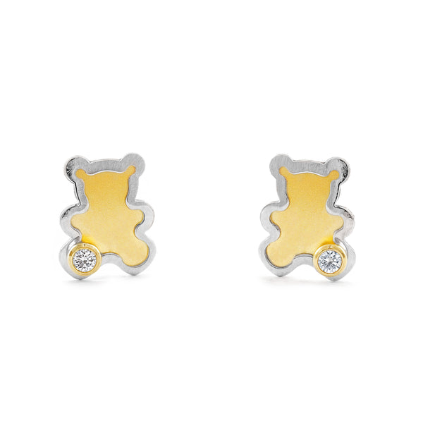 Pendientes Bebe-Niña Oro Bicolor 18K Oso Circonita Mate y Brillo