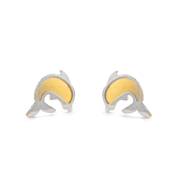 18ct two color gold Dolphin Children's Baby Girls Earrings Matte Shine