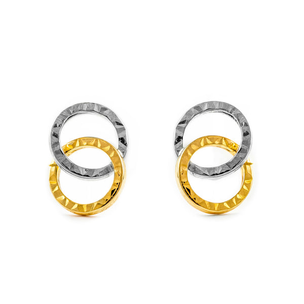 18ct two color gold Double Hoops textured Earrings 10x7 mm