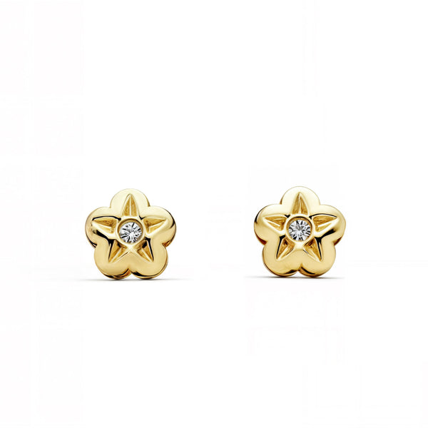 Pendientes Bebe-Niña Oro Amarillo 9K Flor Circonita Brillo