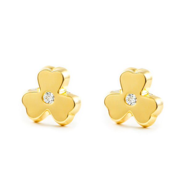 Pendientes Niña Oro Amarillo 9K Trebol Circonita Brillo