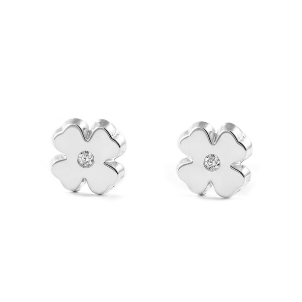 Pendientes Niña Oro Blanco 9K Trebol Circonita Brillo