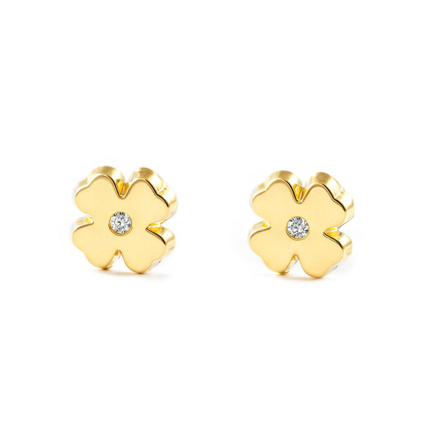 Pendientes Niña Oro Amarillo 9K Trebol Circonita Brillo