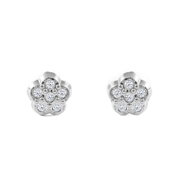 Pendientes Bebe-Niña Oro Blanco 9K Flor Circonitas Brillo