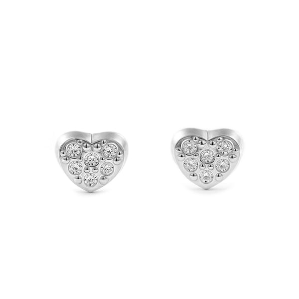 Pendientes Bebe-Niña Oro Blanco 9K Corazón Circonitas Brillo