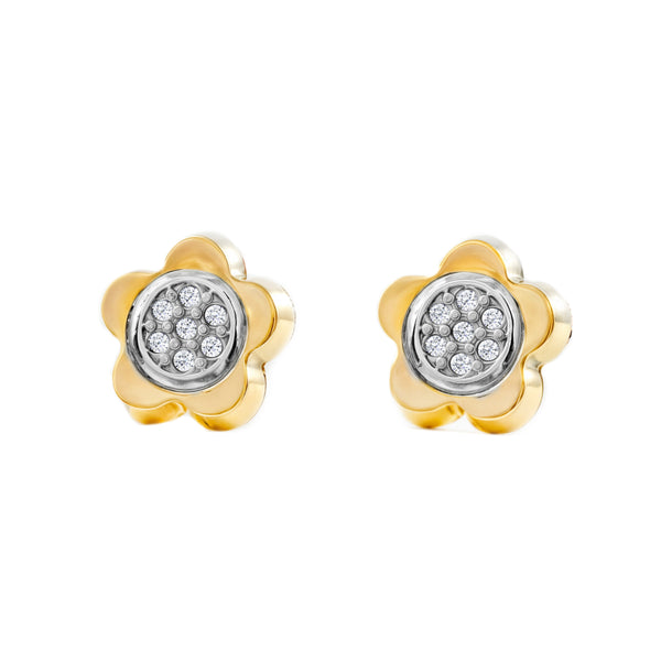Pendientes Mujer-Niña Oro Bicolor 9K Flor Margarita Circonitas Brillo