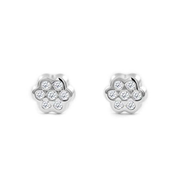 Pendientes Bebe-Niña Oro Blanco 9K Flor Margarita Circonitas Brillo