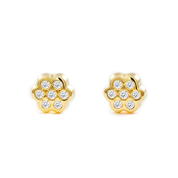 Pendientes Bebe-Niña Oro Amarillo 9K Flor Margarita Circonitas Brillo
