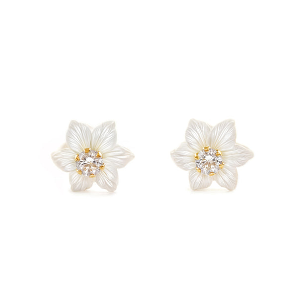 9ct Yellow Gold Nacre Flower Cubic Zirconia 2 mm Children's Girls Earrings shine