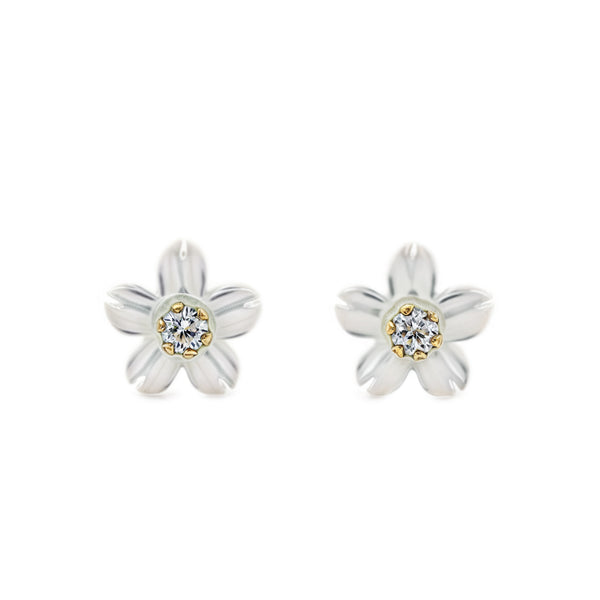 Pendientes Niña Oro Amarillo 18K Nacar Flor Circonita 2 mm Brillo
