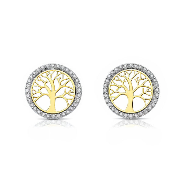 9ct two color gold Tree of Life Cubic Zirconias Earrings shine