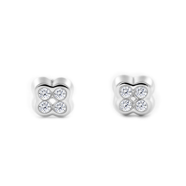 Pendientes Bebe Oro Blanco 18K Trebol Circonita Brillo