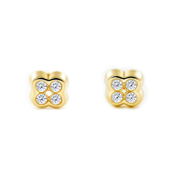 Pendientes Bebe Oro Amarillo 9K Trebol Circonita Brillo