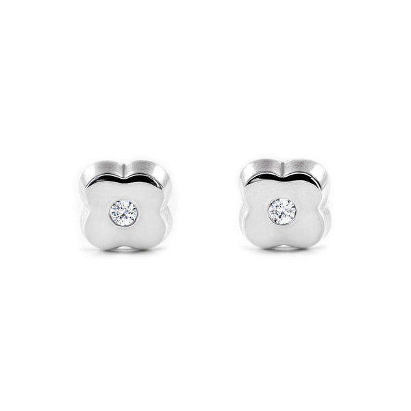 9ct White Gold Trebol Cubic Zirconia Children's Baby Earrings shine