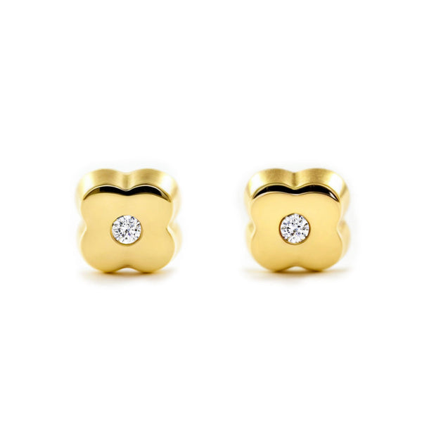 Pendientes Bebe Oro Amarillo 9K Trebol Circonita Brillo