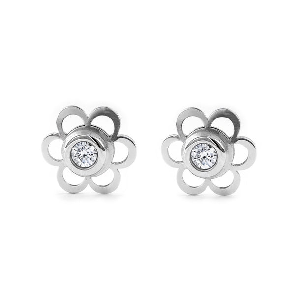 Pendientes Bebe-Niña Oro Blanco 9K Flor Margarita Circonita Brillo