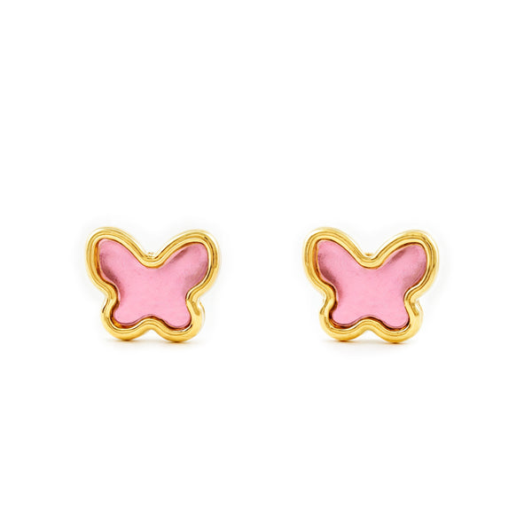 18ct Yellow Gold Pink Enamel Butterfly Children's Baby Girls Earrings shine