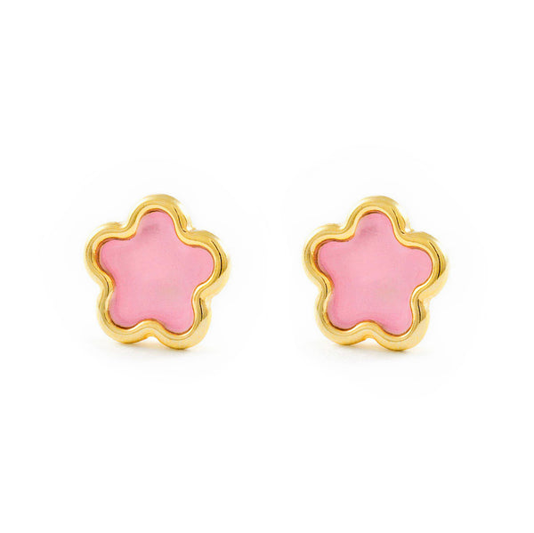 Pendientes Niña Oro Amarillo 9K Flor Margarita Esmalte Rosa Brillo