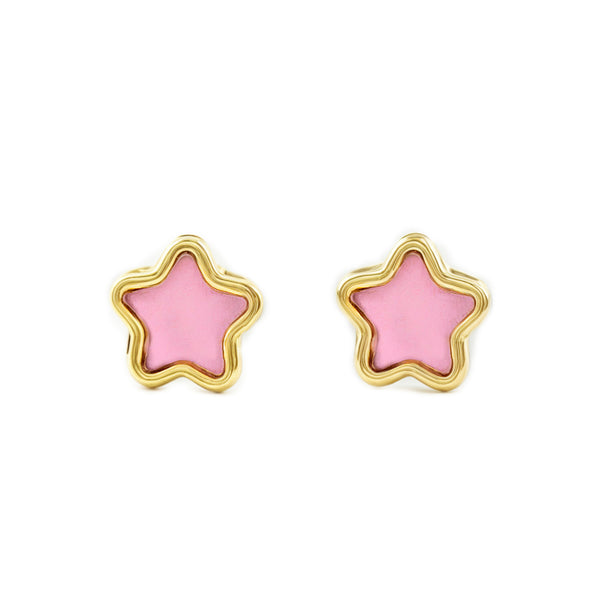 9ct Yellow Gold Pink Enamel Star Children's Girls Earrings shine