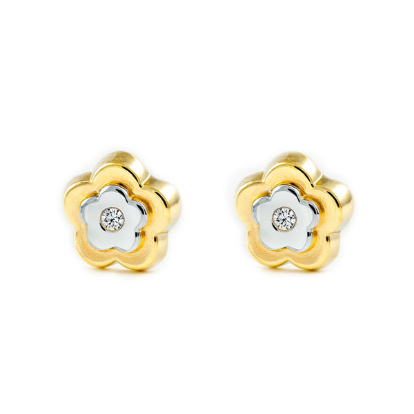 9ct two color gold Daisy Flower Cubic Zirconia Children's Girls Earrings shine