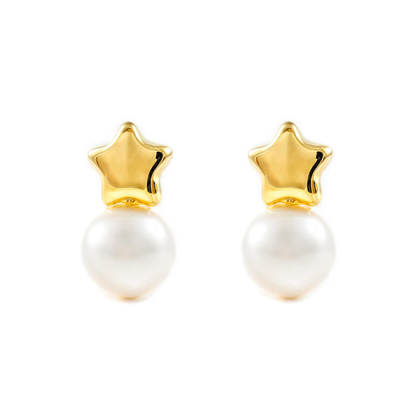 Pendientes Mujer-Niña Oro Amarillo 18K Tu y Yo Perla Botón 5 mm Estrella Brillo