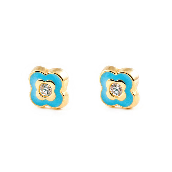 Pendientes Niña Oro Amarillo 9K Trebol Esmalte Azul Circonita Brillo