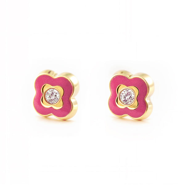 Pendientes Niña Oro Amarillo 9K Trebol Esmalte Rosa Circonita Brillo