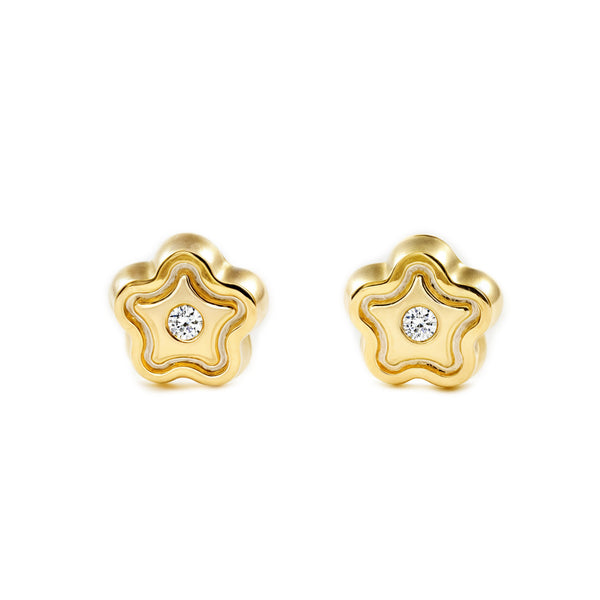 Pendientes Bebe-Niña Oro Amarillo 9K Flor Margarita Circonita Brillo