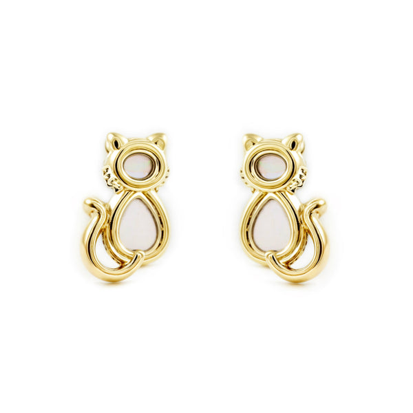 Pendientes Niña Oro Amarillo 9K Nacar Gato Brillo