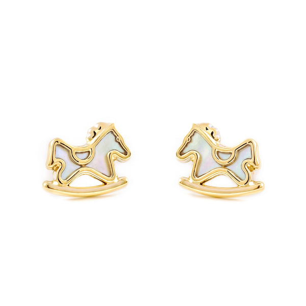 9ct Yellow Gold Nacre Horse Children's Girls Earrings shine
