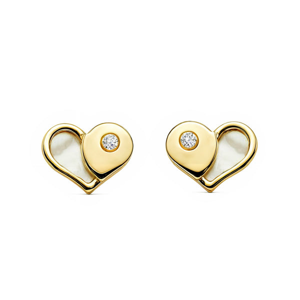 9ct Yellow Gold Nacre Heart Cubic Zirconia Children's Girls Earrings shine