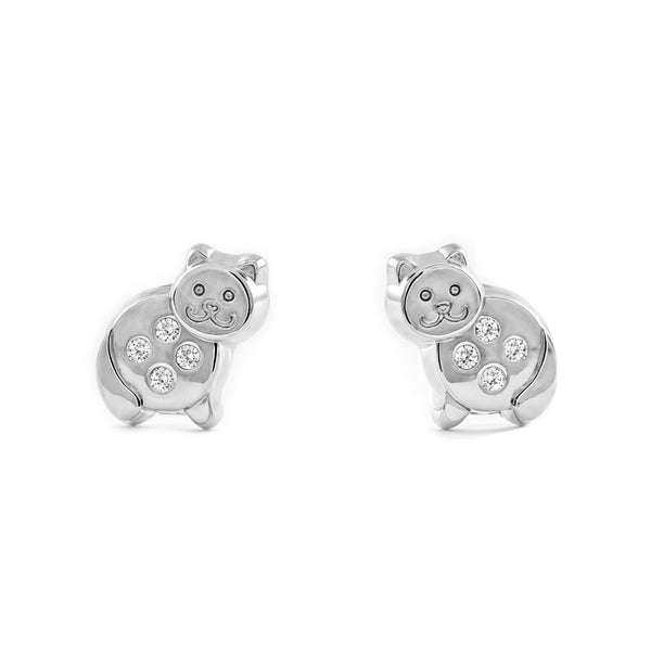 Pendientes Niña Oro Blanco 9K Gato Circonitas Brillo