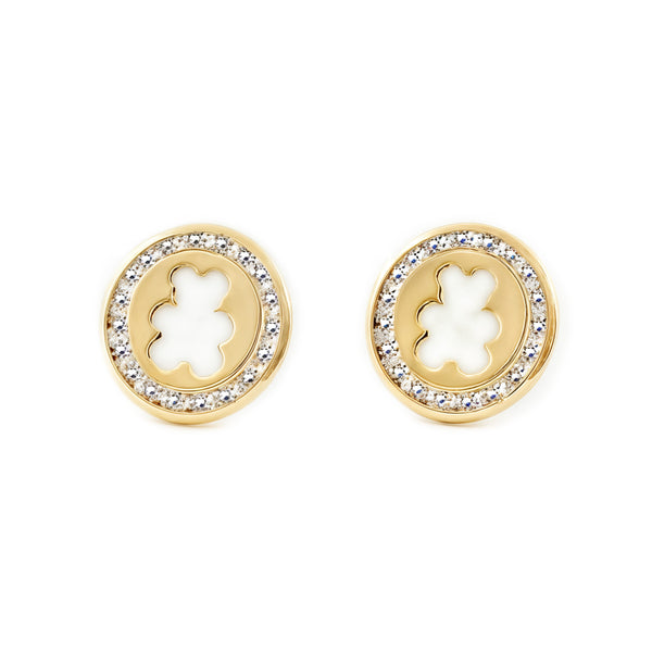 Pendientes Mujer-Niña Oro Amarillo 9K Nacar Oso Circonita Brillo
