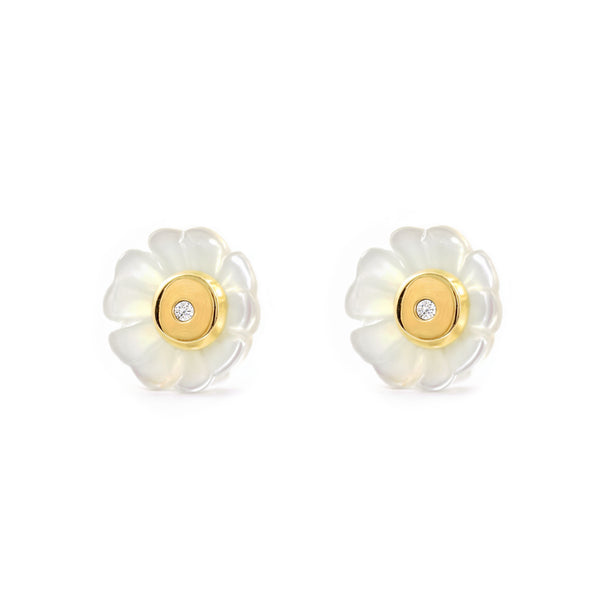 Pendientes Niña Oro Amarillo 9K Nacar Flor Circonita Brillo