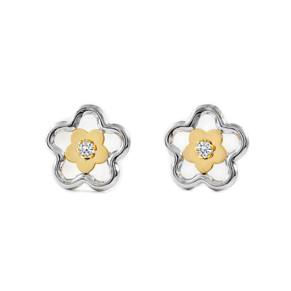 9ct two color gold Daisy Flower Cubic Zirconia Earrings shine