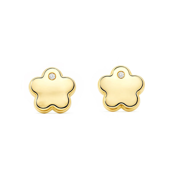 Pendientes Bebe-Niña Oro Amarillo 9K Flor Margarita Circonita Brillo