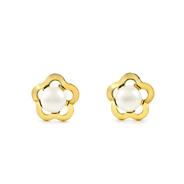18ct Yellow Gold Daisy Flower Pearl 3.5 mm Children's Baby Girls Earrings shine