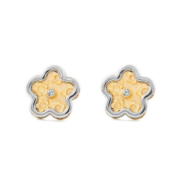 Pendientes Mujer-Niña Oro Bicolor 9K Flor Margarita Circonita Texturado